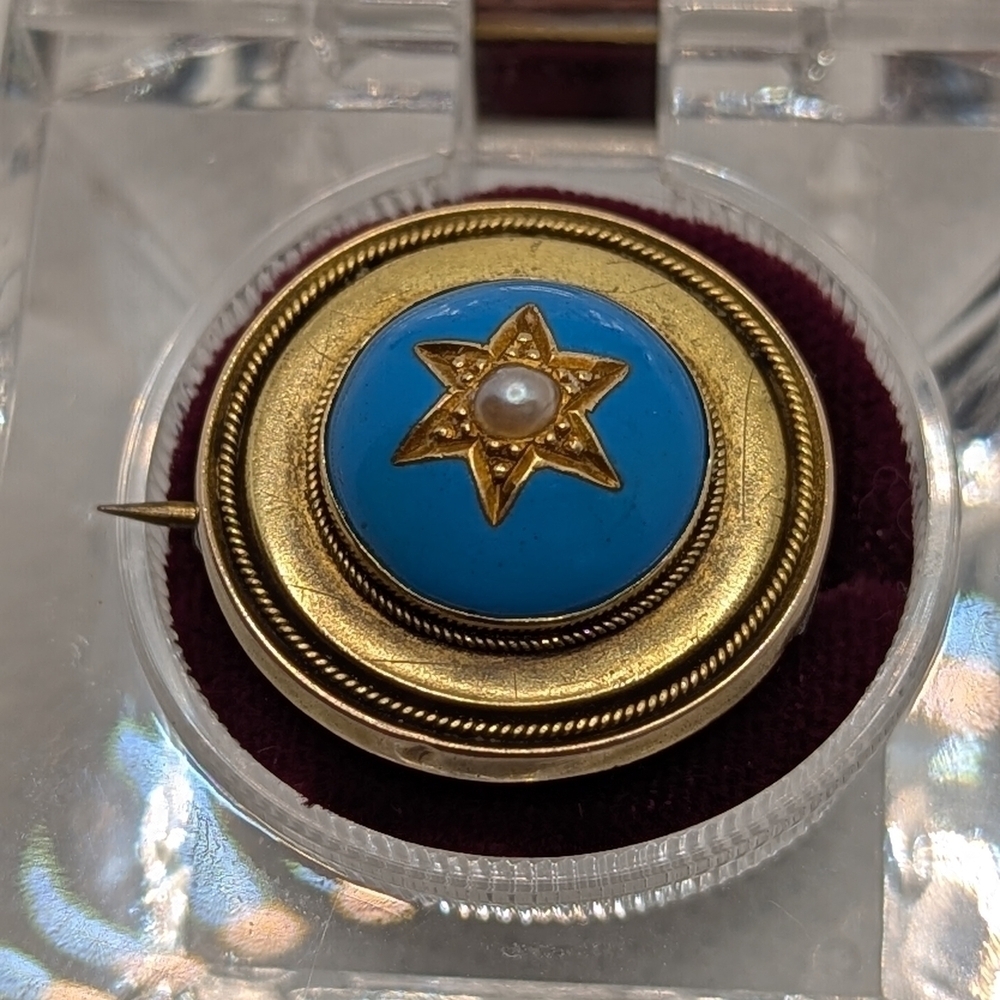 ✨ Antique 15ct Gold Victorian Blue Enamel & Pearl Star Brooch ✨